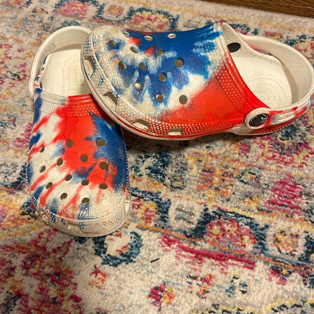 Red White and blue Crocs